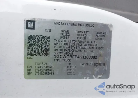 2019 Chevrolet Express 2500 Work Van from USA, damaged, VIN 1GCWGBFP4K1183082